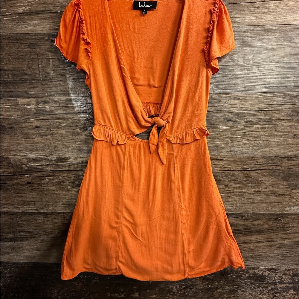 Lulu's Orange Plunge Neck Flutter Sleeve Mini Dress